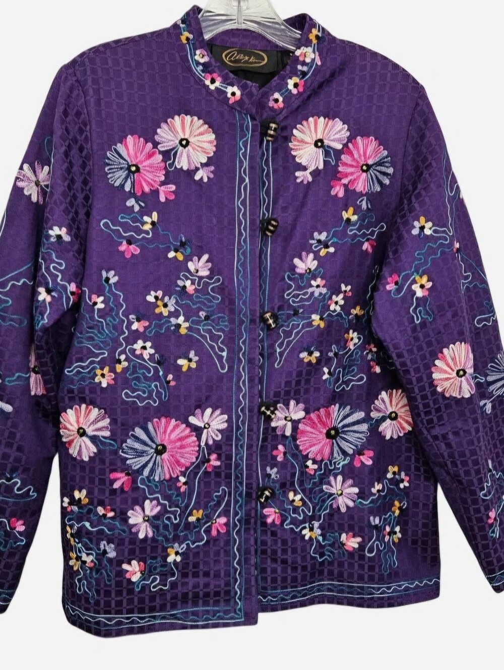 Alex Kim Floral Embroidered Purple Vintage Blazer Jacket with Shoulder Pads